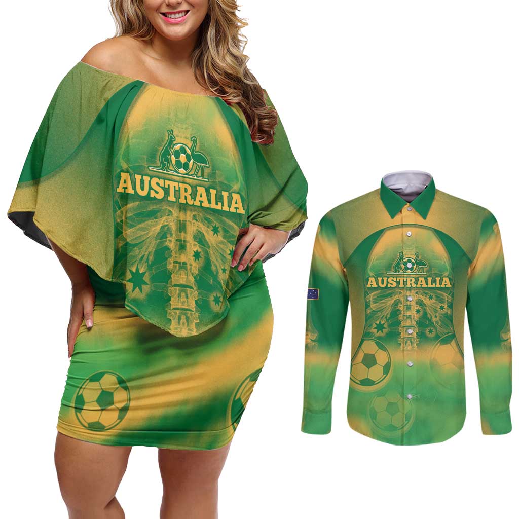 Custom Australia Soccer Couples Matching Off Shoulder Short Dress and Long Sleeve Button Shirt Skeleton Gradient Vintage Spray