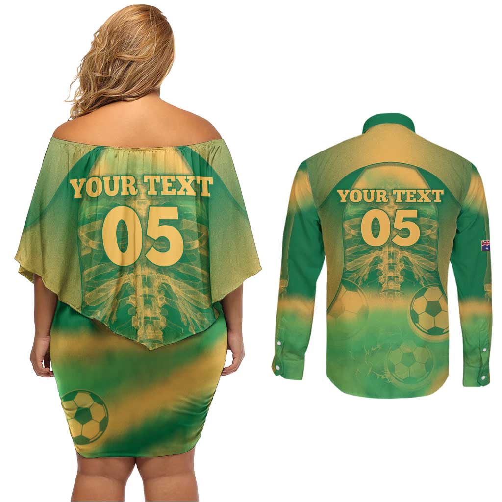 Custom Australia Soccer Couples Matching Off Shoulder Short Dress and Long Sleeve Button Shirt Skeleton Gradient Vintage Spray