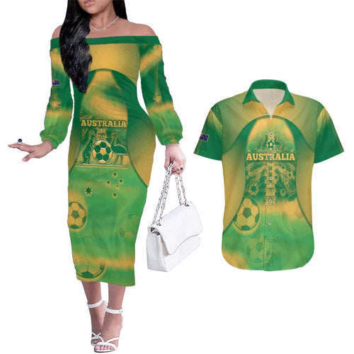 Custom Australia Soccer Couples Matching Off The Shoulder Long Sleeve Dress and Hawaiian Shirt Skeleton Gradient Vintage Spray
