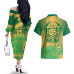 Custom Australia Soccer Couples Matching Off The Shoulder Long Sleeve Dress and Hawaiian Shirt Skeleton Gradient Vintage Spray