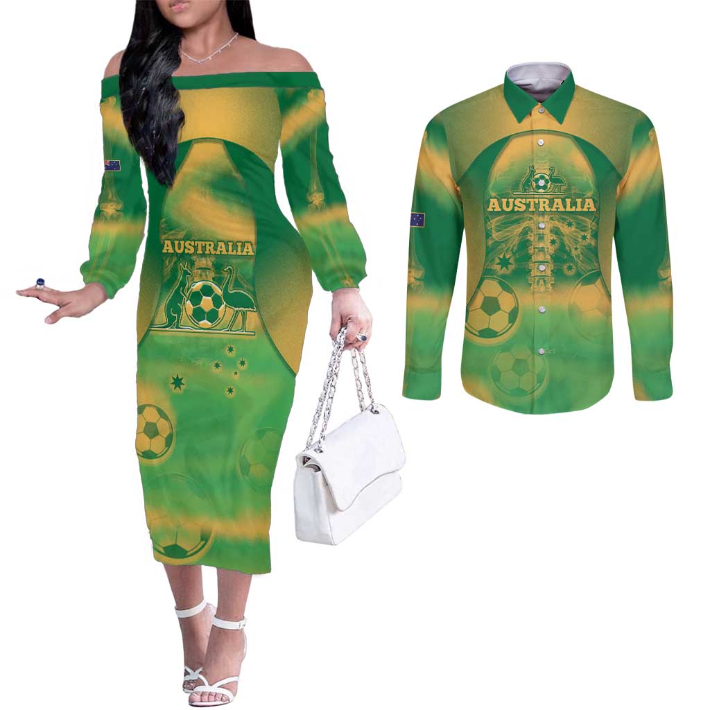 Custom Australia Soccer Couples Matching Off The Shoulder Long Sleeve Dress and Long Sleeve Button Shirt Skeleton Gradient Vintage Spray