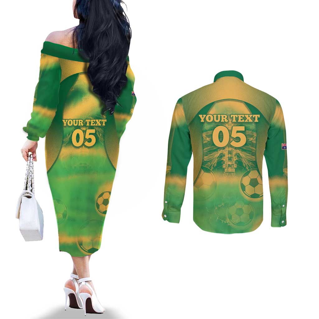 Custom Australia Soccer Couples Matching Off The Shoulder Long Sleeve Dress and Long Sleeve Button Shirt Skeleton Gradient Vintage Spray