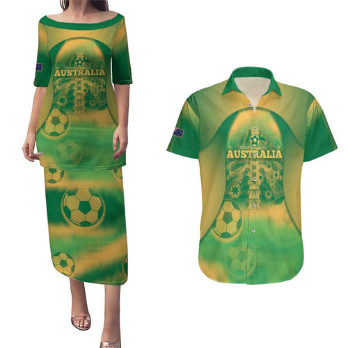 Custom Australia Soccer Couples Matching Puletasi and Hawaiian Shirt Skeleton Gradient Vintage Spray