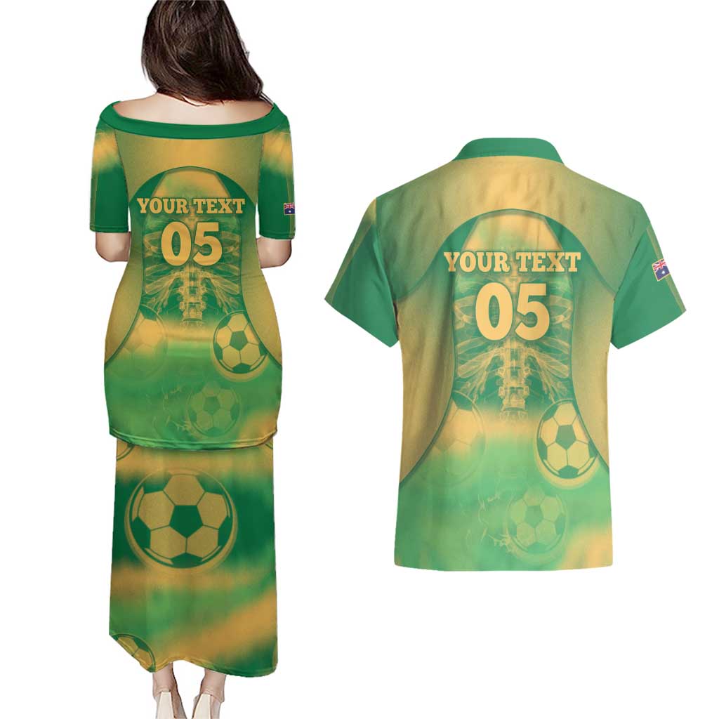 Custom Australia Soccer Couples Matching Puletasi and Hawaiian Shirt Skeleton Gradient Vintage Spray