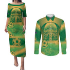Custom Australia Soccer Couples Matching Puletasi and Long Sleeve Button Shirt Skeleton Gradient Vintage Spray