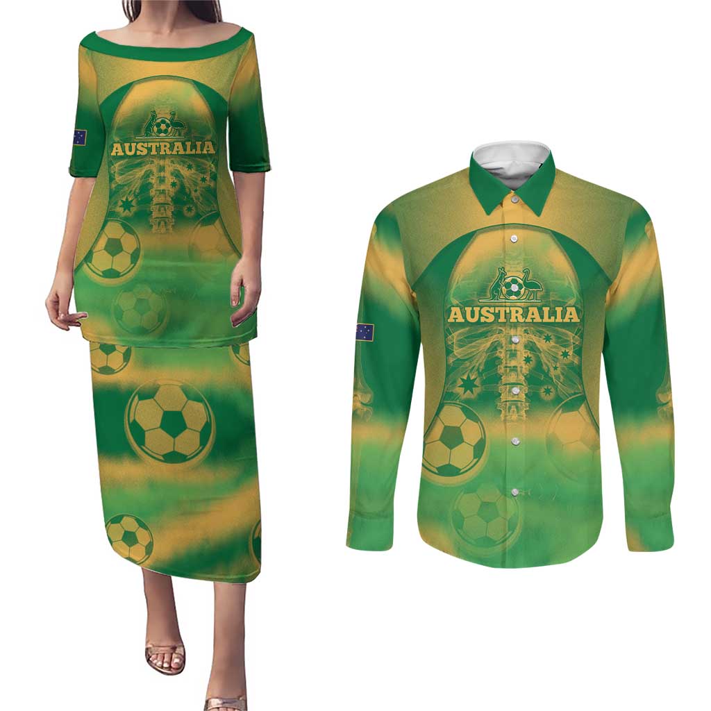 Custom Australia Soccer Couples Matching Puletasi and Long Sleeve Button Shirt Skeleton Gradient Vintage Spray