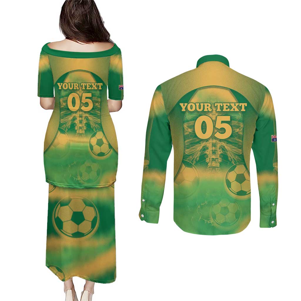 Custom Australia Soccer Couples Matching Puletasi and Long Sleeve Button Shirt Skeleton Gradient Vintage Spray