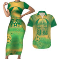 Custom Australia Soccer Couples Matching Short Sleeve Bodycon Dress and Hawaiian Shirt Skeleton Gradient Vintage Spray