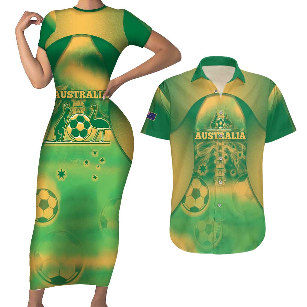 Custom Australia Soccer Couples Matching Short Sleeve Bodycon Dress and Hawaiian Shirt Skeleton Gradient Vintage Spray