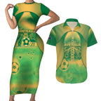 Custom Australia Soccer Couples Matching Short Sleeve Bodycon Dress and Hawaiian Shirt Skeleton Gradient Vintage Spray