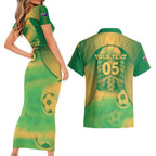 Custom Australia Soccer Couples Matching Short Sleeve Bodycon Dress and Hawaiian Shirt Skeleton Gradient Vintage Spray