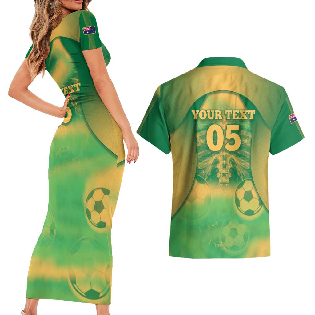 Custom Australia Soccer Couples Matching Short Sleeve Bodycon Dress and Hawaiian Shirt Skeleton Gradient Vintage Spray