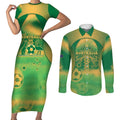 Custom Australia Soccer Couples Matching Short Sleeve Bodycon Dress and Long Sleeve Button Shirt Skeleton Gradient Vintage Spray