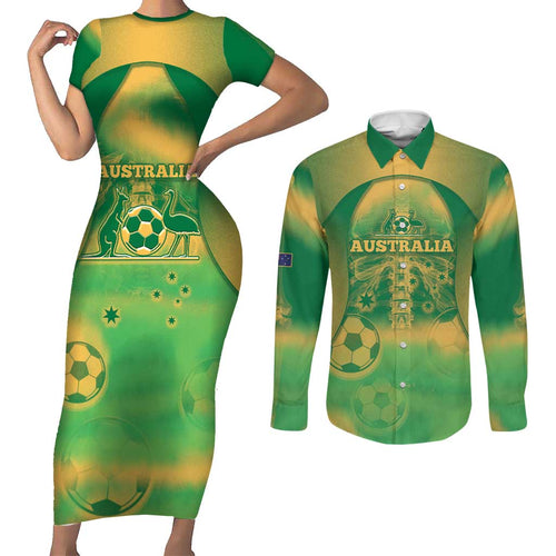 Custom Australia Soccer Couples Matching Short Sleeve Bodycon Dress and Long Sleeve Button Shirt Skeleton Gradient Vintage Spray