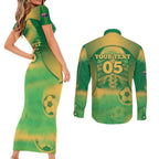 Custom Australia Soccer Couples Matching Short Sleeve Bodycon Dress and Long Sleeve Button Shirt Skeleton Gradient Vintage Spray