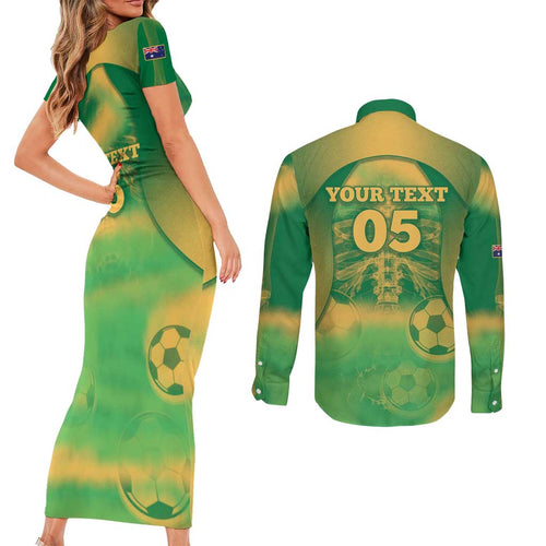 Custom Australia Soccer Couples Matching Short Sleeve Bodycon Dress and Long Sleeve Button Shirt Skeleton Gradient Vintage Spray