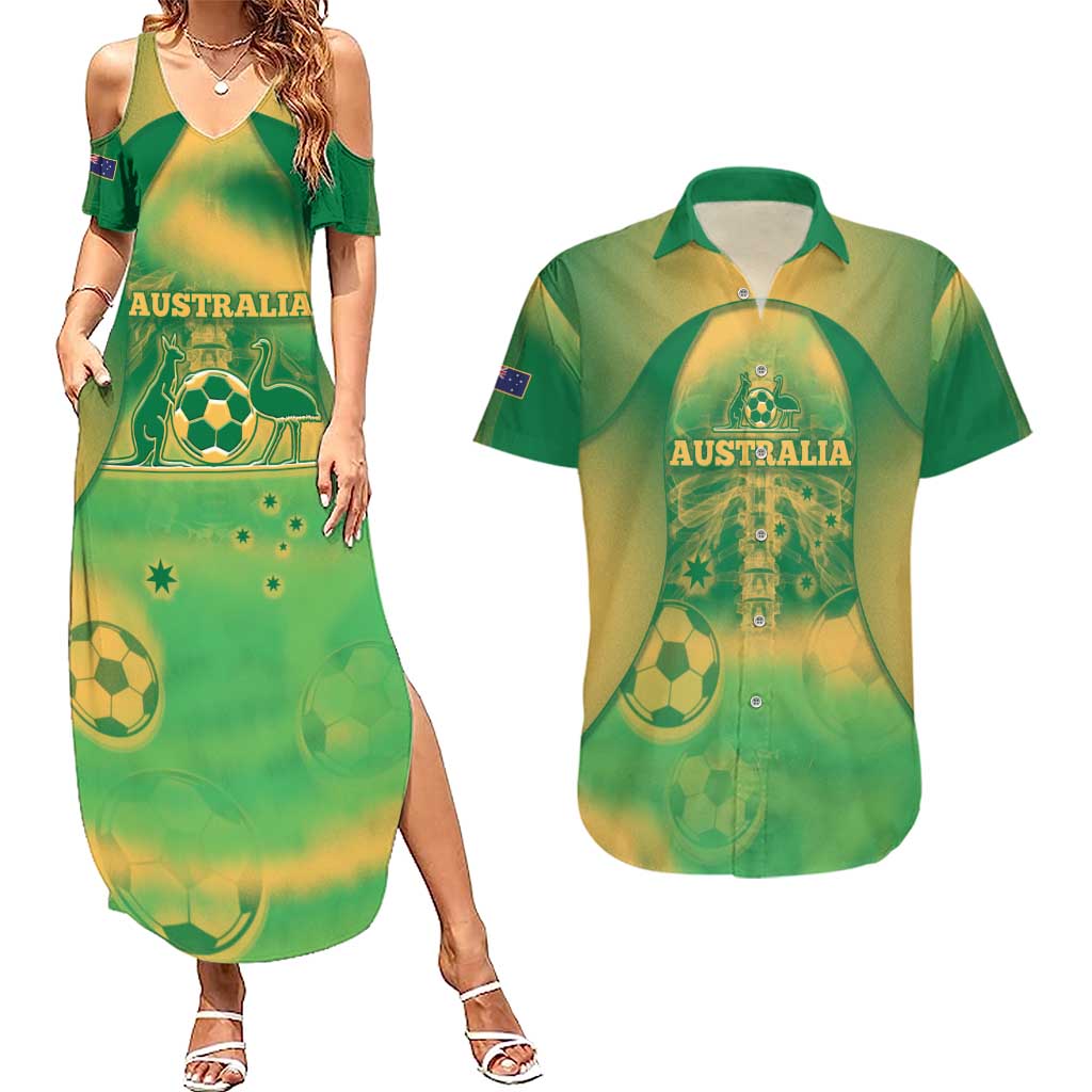 Custom Australia Soccer Couples Matching Summer Maxi Dress and Hawaiian Shirt Skeleton Gradient Vintage Spray