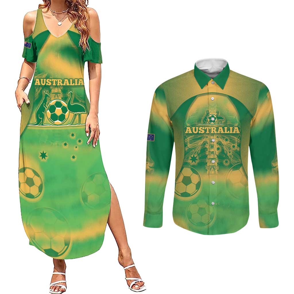 Custom Australia Soccer Couples Matching Summer Maxi Dress and Long Sleeve Button Shirt Skeleton Gradient Vintage Spray