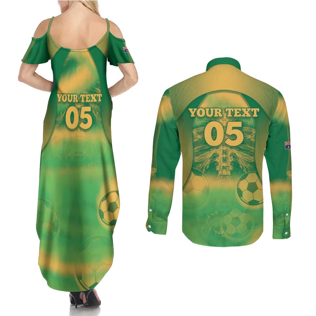 Custom Australia Soccer Couples Matching Summer Maxi Dress and Long Sleeve Button Shirt Skeleton Gradient Vintage Spray