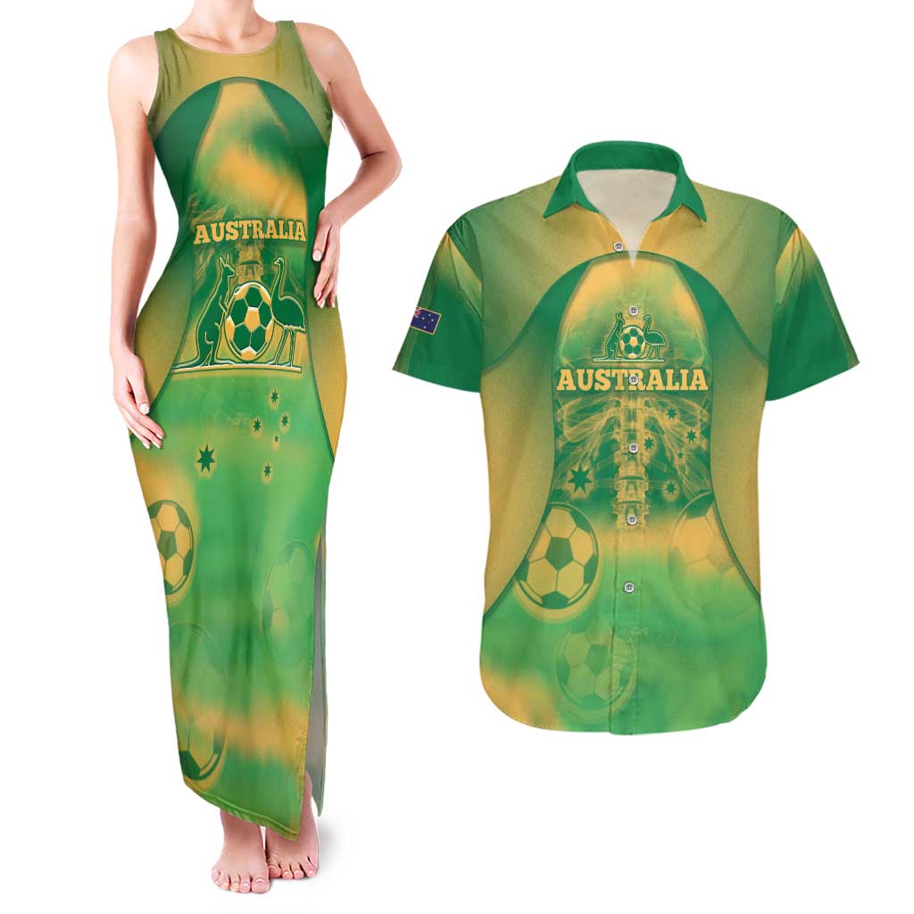 Custom Australia Soccer Couples Matching Tank Maxi Dress and Hawaiian Shirt Skeleton Gradient Vintage Spray