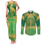 Custom Australia Soccer Couples Matching Tank Maxi Dress and Long Sleeve Button Shirt Skeleton Gradient Vintage Spray