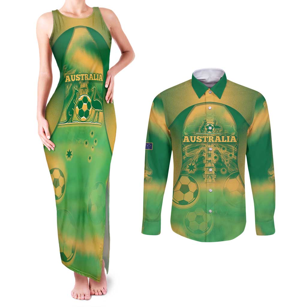 Custom Australia Soccer Couples Matching Tank Maxi Dress and Long Sleeve Button Shirt Skeleton Gradient Vintage Spray