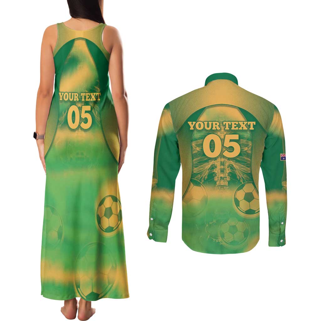 Custom Australia Soccer Couples Matching Tank Maxi Dress and Long Sleeve Button Shirt Skeleton Gradient Vintage Spray
