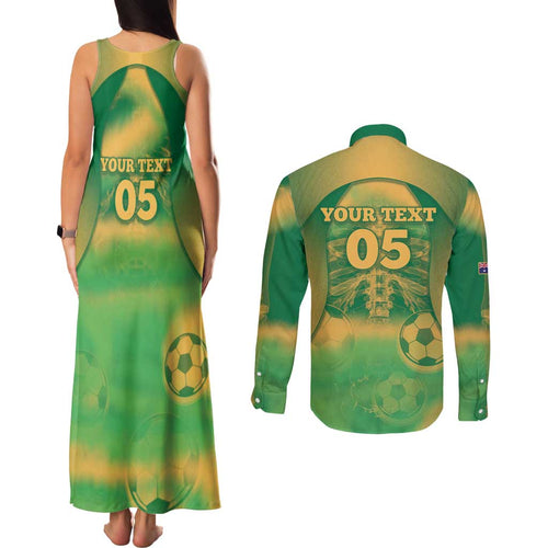 Custom Australia Soccer Couples Matching Tank Maxi Dress and Long Sleeve Button Shirt Skeleton Gradient Vintage Spray