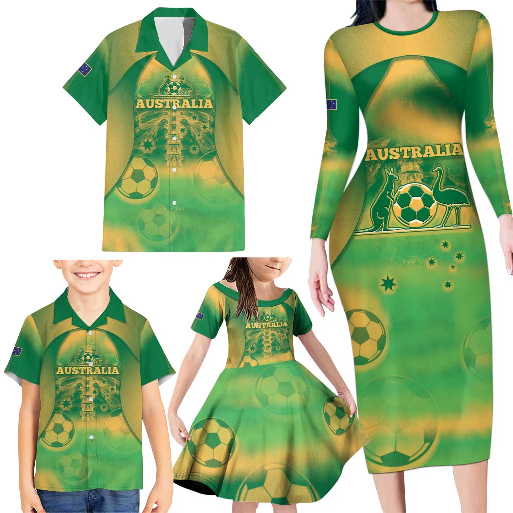Custom Australia Soccer Family Matching Long Sleeve Bodycon Dress and Hawaiian Shirt Skeleton Gradient Vintage Spray
