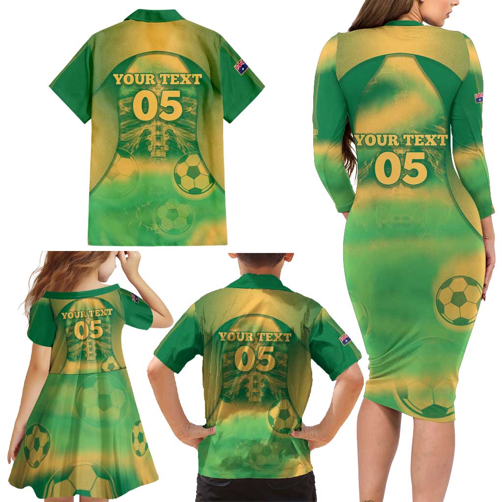 Custom Australia Soccer Family Matching Long Sleeve Bodycon Dress and Hawaiian Shirt Skeleton Gradient Vintage Spray