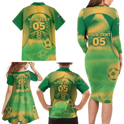 Custom Australia Soccer Family Matching Long Sleeve Bodycon Dress and Hawaiian Shirt Skeleton Gradient Vintage Spray