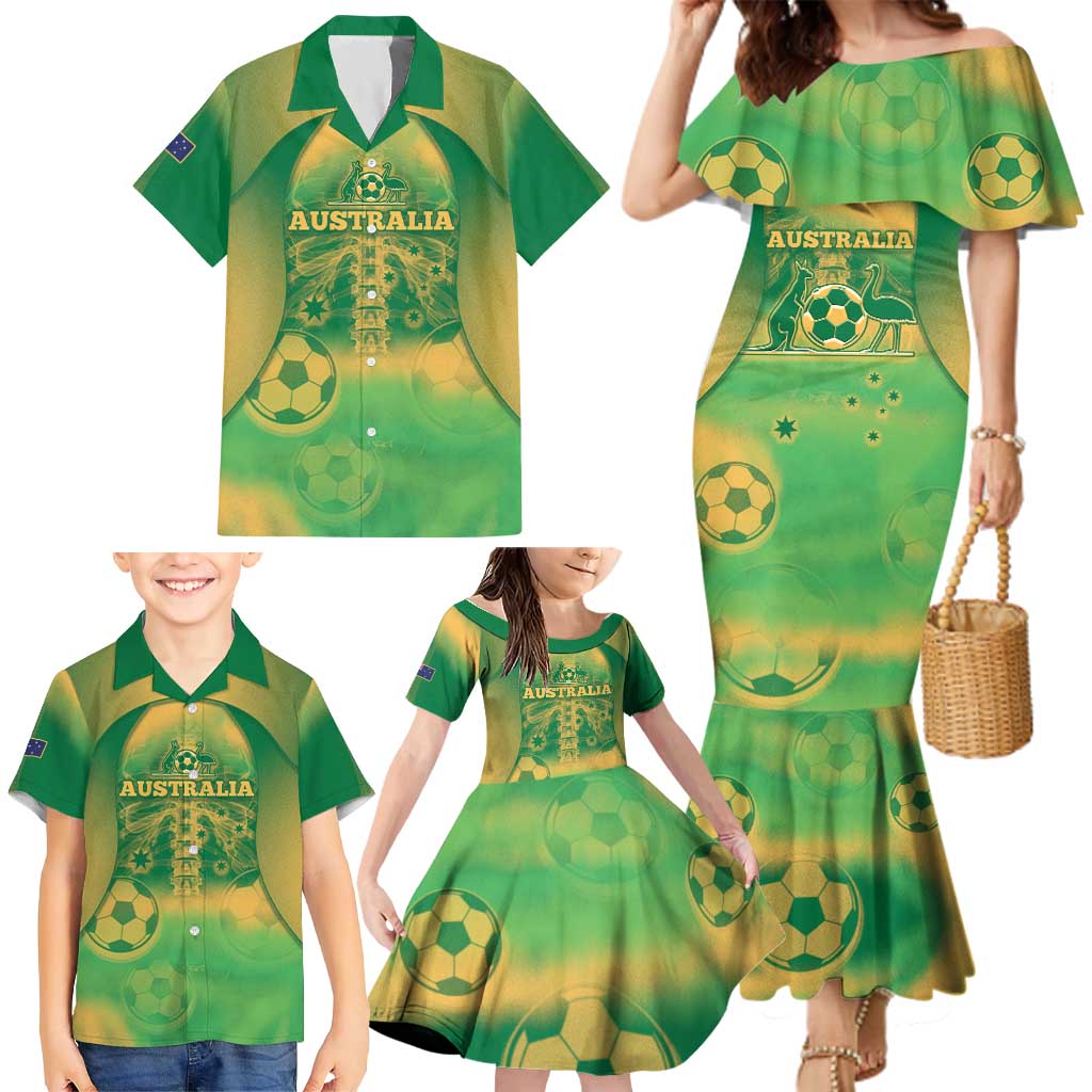Custom Australia Soccer Family Matching Mermaid Dress and Hawaiian Shirt Skeleton Gradient Vintage Spray