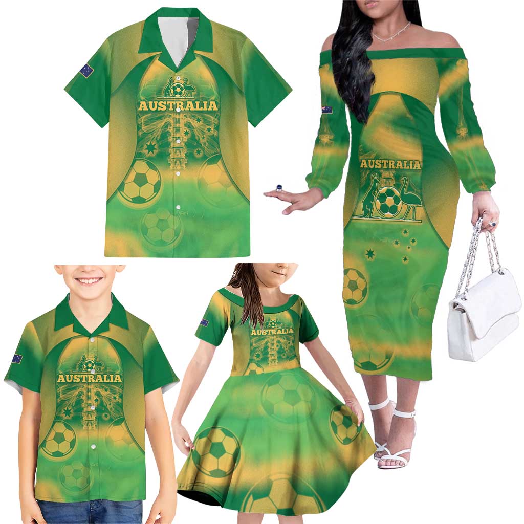 Custom Australia Soccer Family Matching Off The Shoulder Long Sleeve Dress and Hawaiian Shirt Skeleton Gradient Vintage Spray