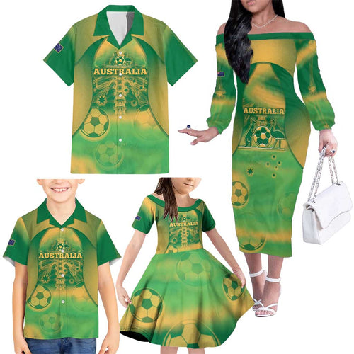 Custom Australia Soccer Family Matching Off The Shoulder Long Sleeve Dress and Hawaiian Shirt Skeleton Gradient Vintage Spray