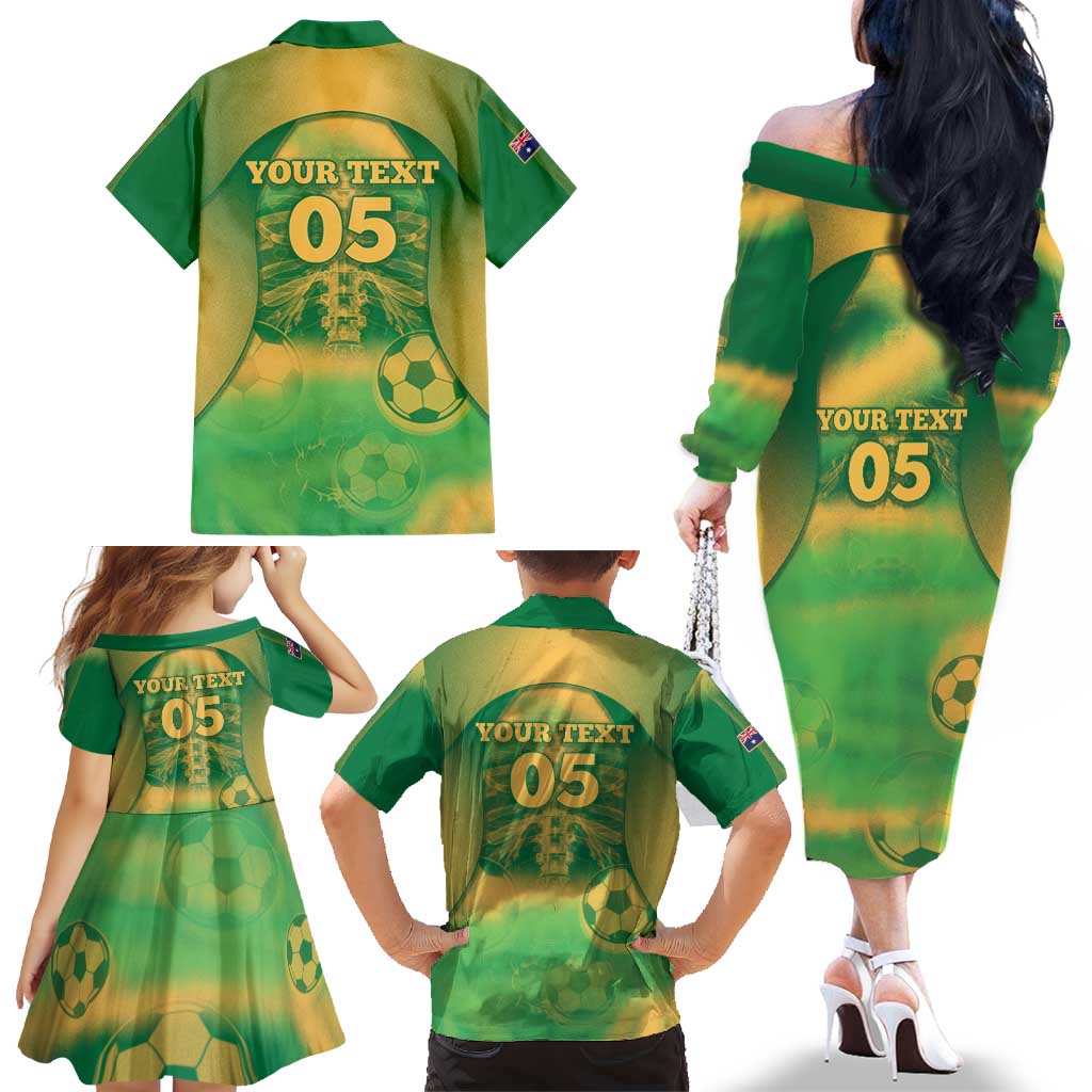 Custom Australia Soccer Family Matching Off The Shoulder Long Sleeve Dress and Hawaiian Shirt Skeleton Gradient Vintage Spray