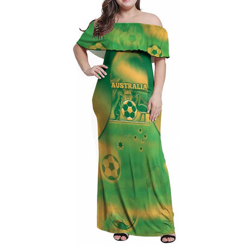 Custom Australia Soccer Family Matching Off Shoulder Maxi Dress and Hawaiian Shirt Skeleton Gradient Vintage Spray