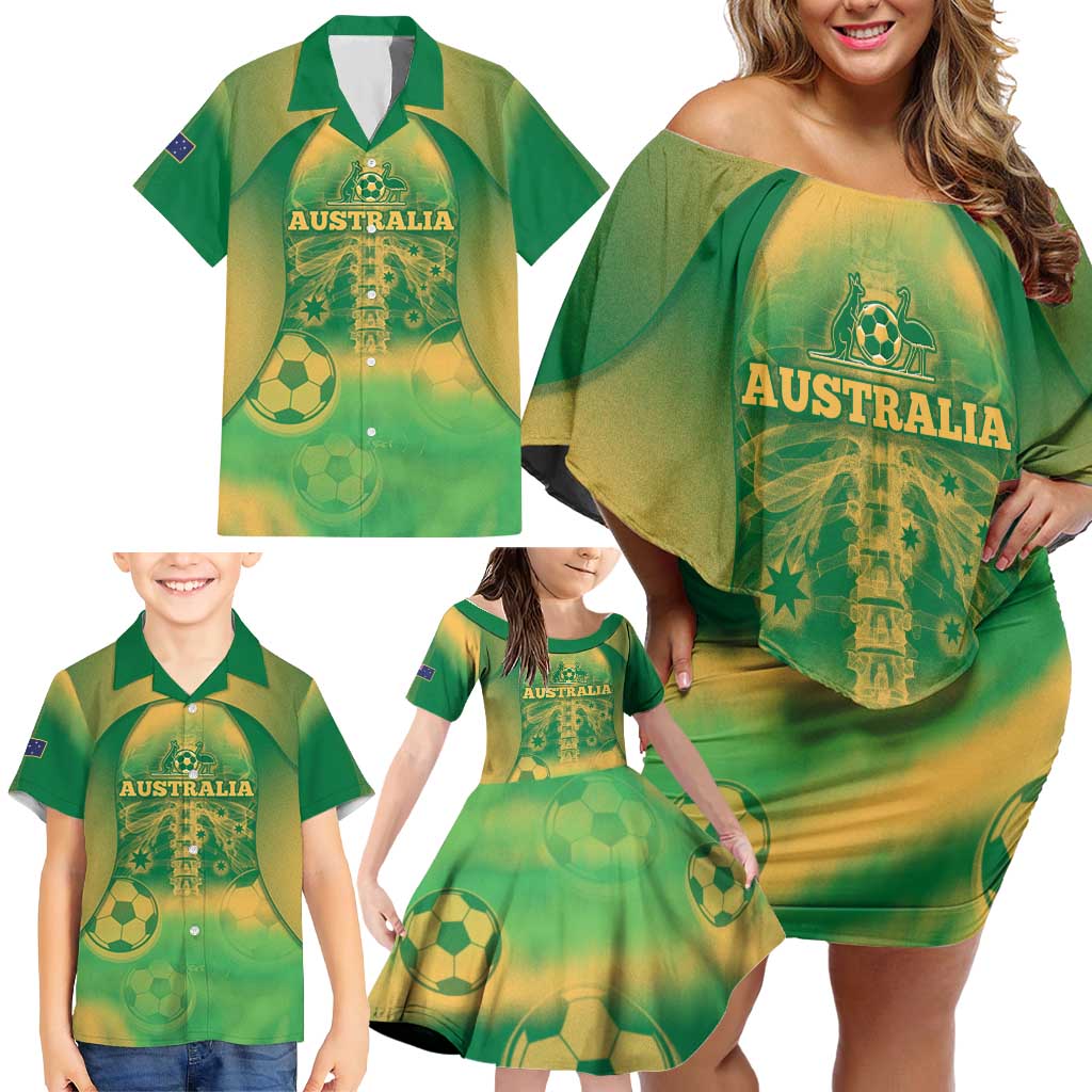 Custom Australia Soccer Family Matching Off Shoulder Short Dress and Hawaiian Shirt Skeleton Gradient Vintage Spray