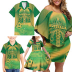 Custom Australia Soccer Family Matching Off Shoulder Short Dress and Hawaiian Shirt Skeleton Gradient Vintage Spray