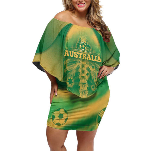 Custom Australia Soccer Family Matching Off Shoulder Short Dress and Hawaiian Shirt Skeleton Gradient Vintage Spray