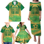 Custom Australia Soccer Family Matching Puletasi and Hawaiian Shirt Skeleton Gradient Vintage Spray