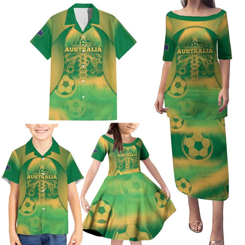 Custom Australia Soccer Family Matching Puletasi and Hawaiian Shirt Skeleton Gradient Vintage Spray