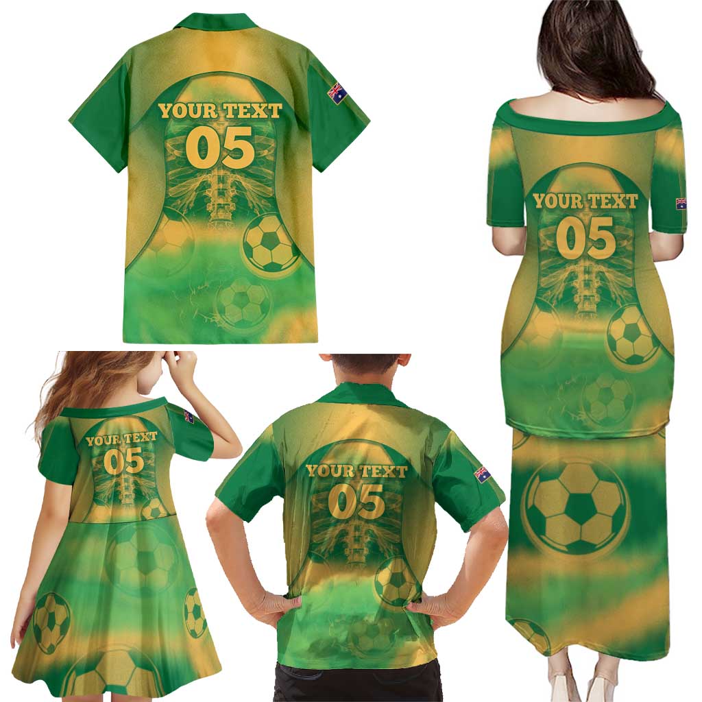 Custom Australia Soccer Family Matching Puletasi and Hawaiian Shirt Skeleton Gradient Vintage Spray