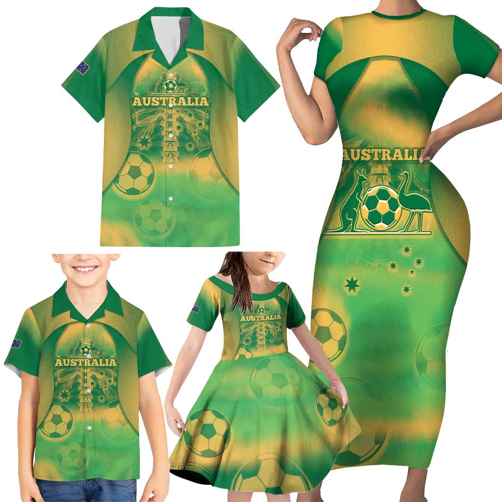 Custom Australia Soccer Family Matching Short Sleeve Bodycon Dress and Hawaiian Shirt Skeleton Gradient Vintage Spray