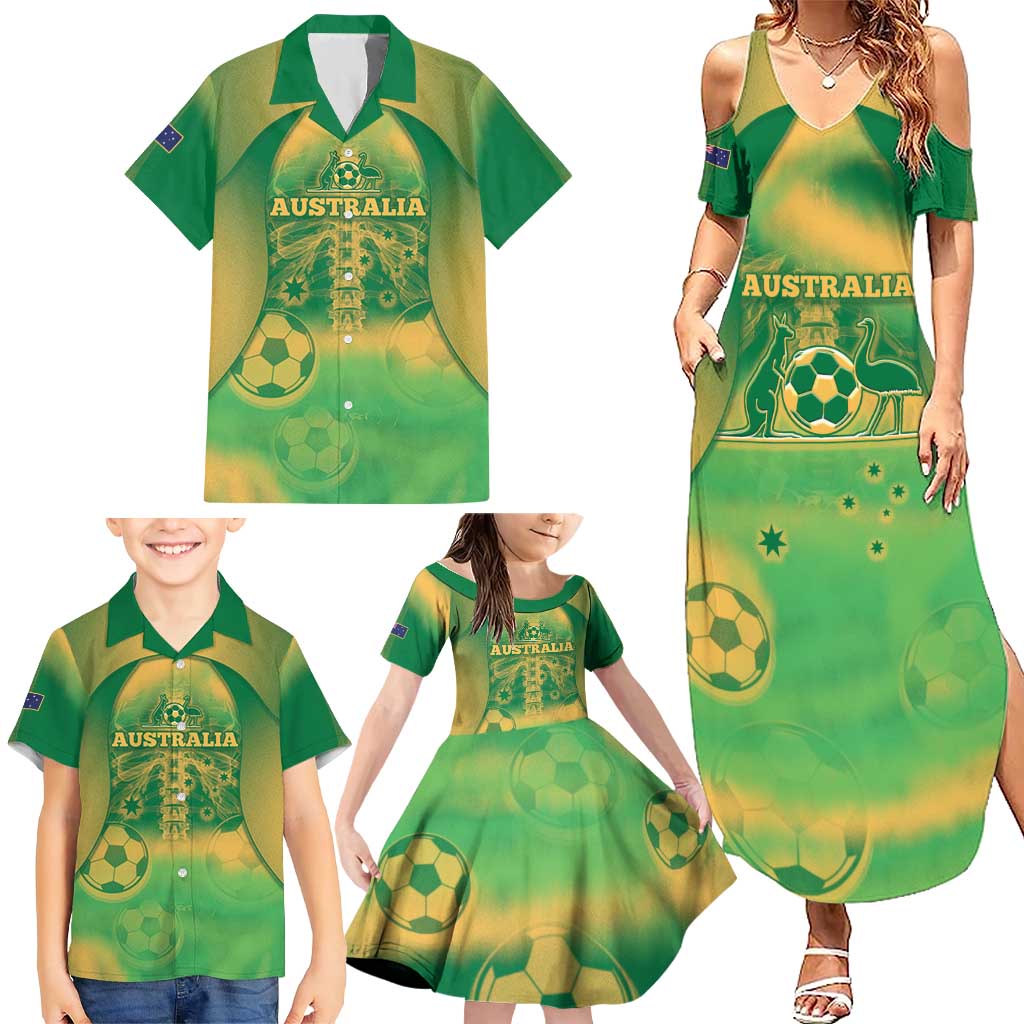 Custom Australia Soccer Family Matching Summer Maxi Dress and Hawaiian Shirt Skeleton Gradient Vintage Spray