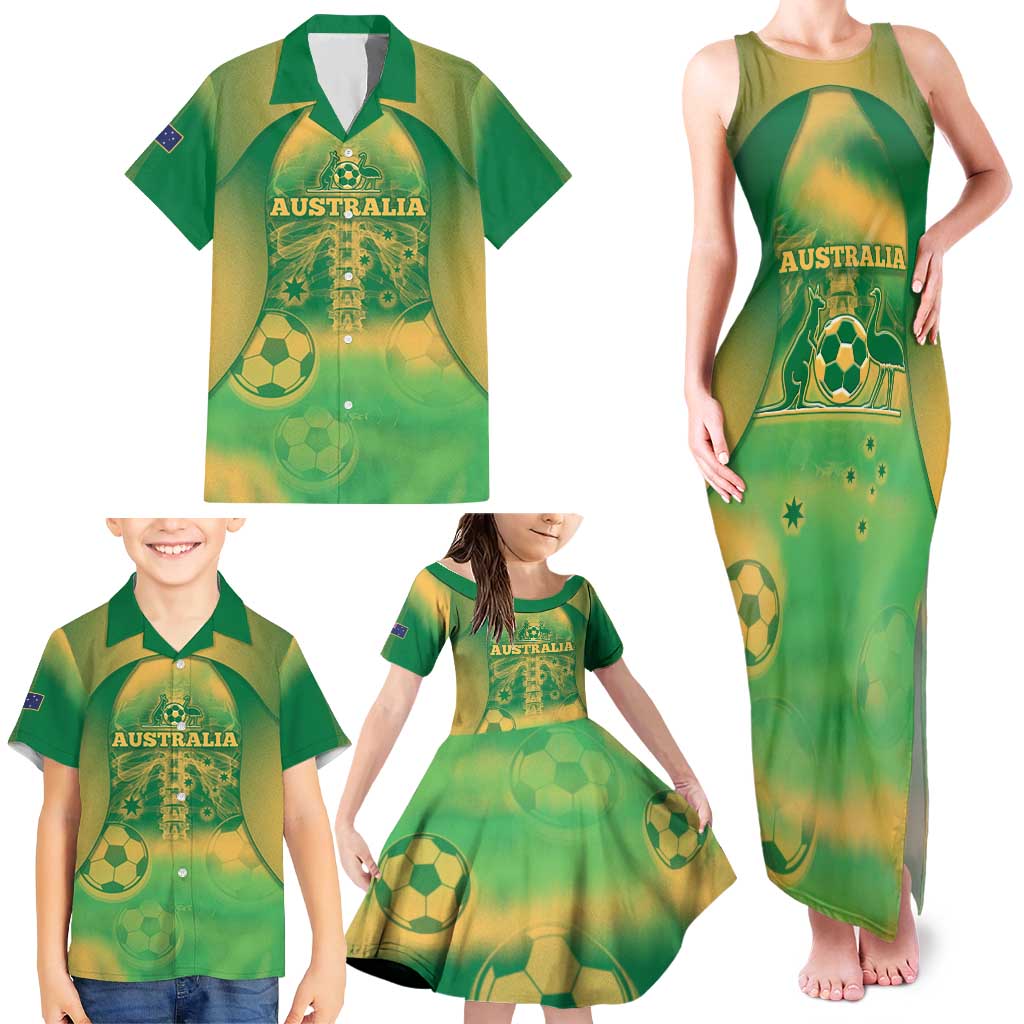 Custom Australia Soccer Family Matching Tank Maxi Dress and Hawaiian Shirt Skeleton Gradient Vintage Spray