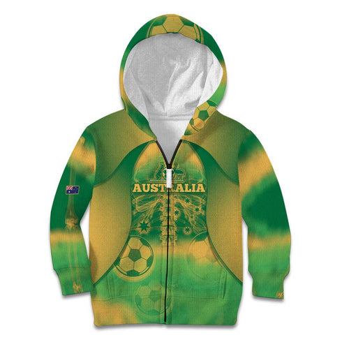 Custom Australia Soccer Kid Hoodie Skeleton Gradient Vintage Spray