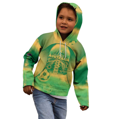 Custom Australia Soccer Kid Hoodie Skeleton Gradient Vintage Spray