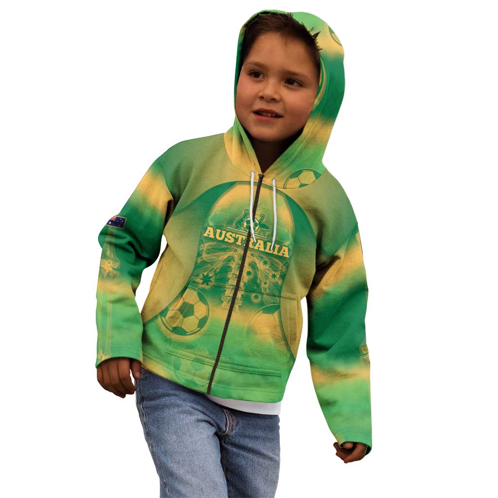 Custom Australia Soccer Kid Hoodie Skeleton Gradient Vintage Spray