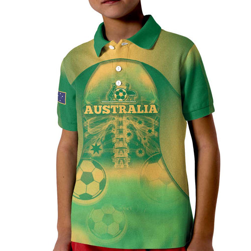 Custom Australia Soccer Kid Polo Shirt Skeleton Gradient Vintage Spray