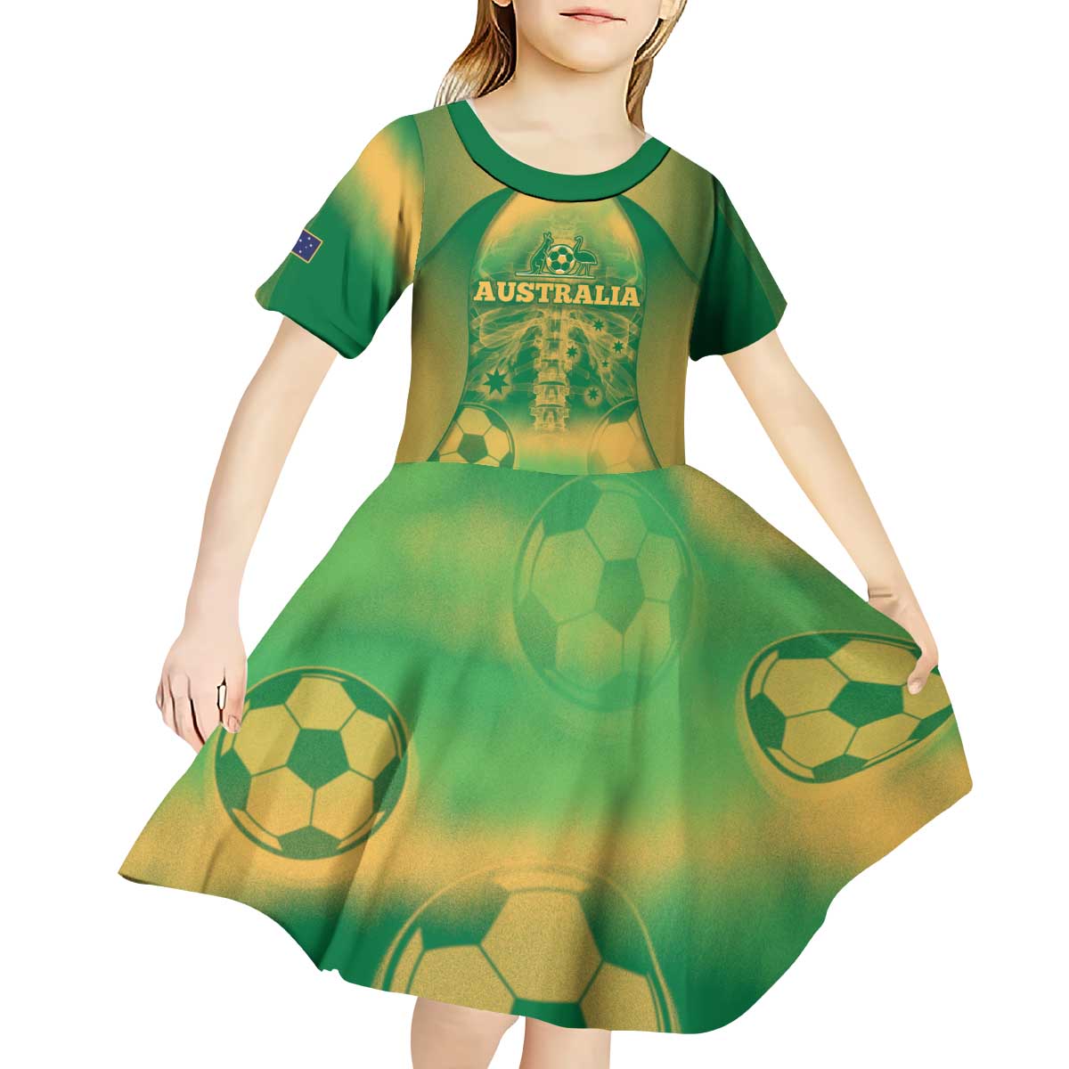 Custom Australia Soccer Kid Short Sleeve Dress Skeleton Gradient Vintage Spray
